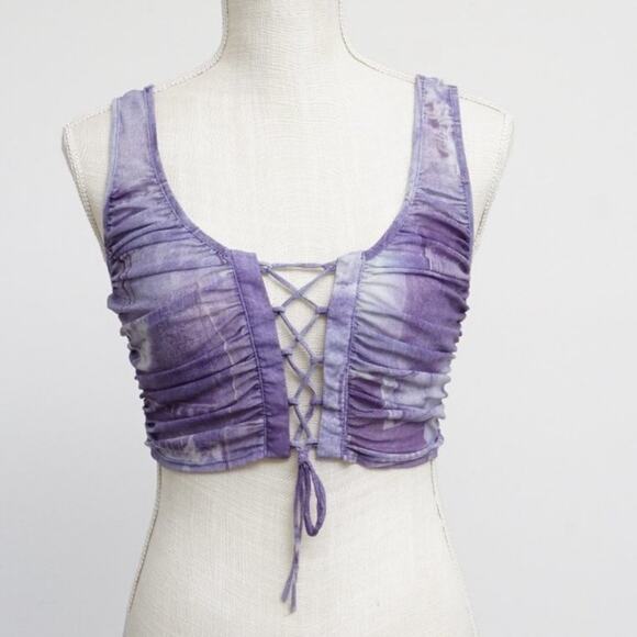 Urban Outfitters Ruched Lace-Up Mesh Tank Top Denim Jeans Print Size Medium - Picture 16 of 16